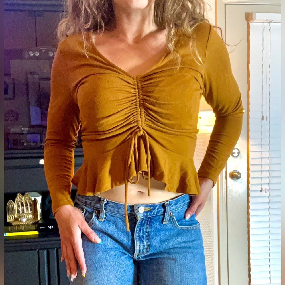 Mustard Long Sleeve Singe Ruffled Crop Top